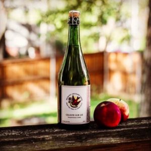 Bottle of Redbyrd Cider Celeste Sur Lie on a Wood Fence with an Apple Next to It and a blurred background