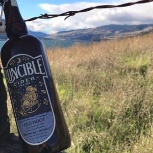 Runcible Old Hoot Cider Leaning on a fence with a field and mountains in the background