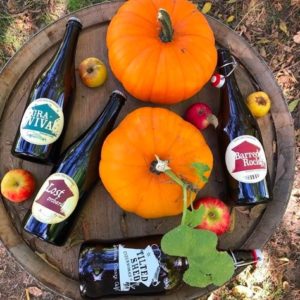 Tilted Shed Cider Bottles Lying on the Top of a Barrel with Pumpkins and Apples